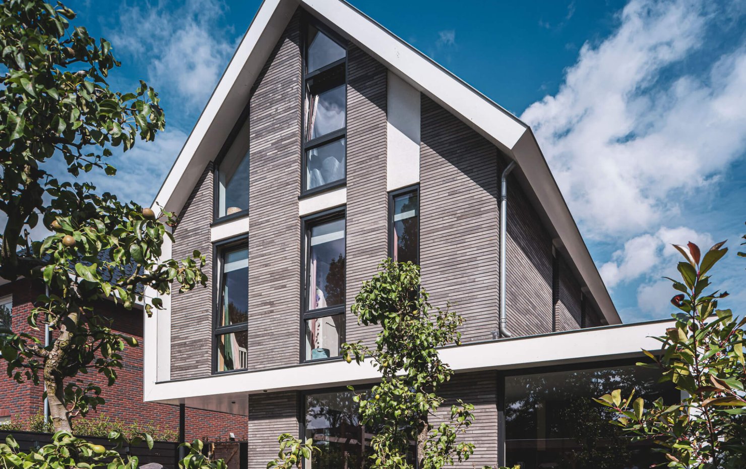Achtergevel moderne schuurwoning met dak dat doorloopt in de veranda