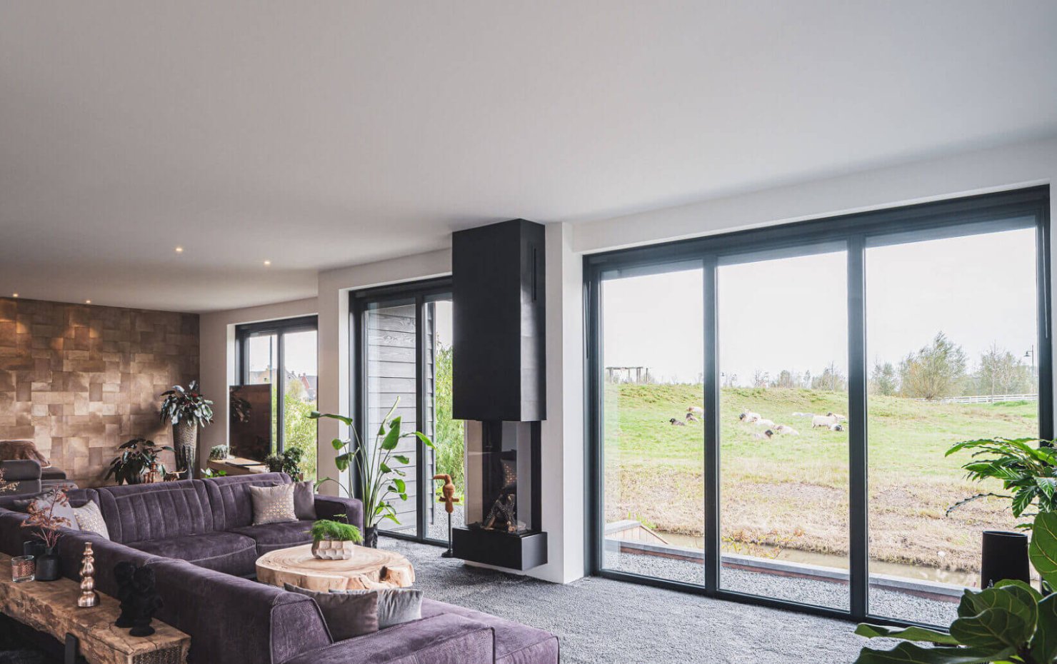 Living met design open haard en glazen achtergevel