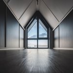 ThumbnailKamer met donkere schuifpanelen in de wanden en groot raam